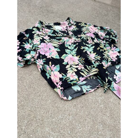 American Eagle Black Floral Collared Button Down Tie Front Blouse Size Large - Picture 2 of 6